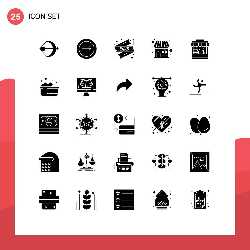 25 Universal Solid Glyphs Set for Web and Mobile Applications shop medical store mobile drugstore shop Editable Vector Design Elements