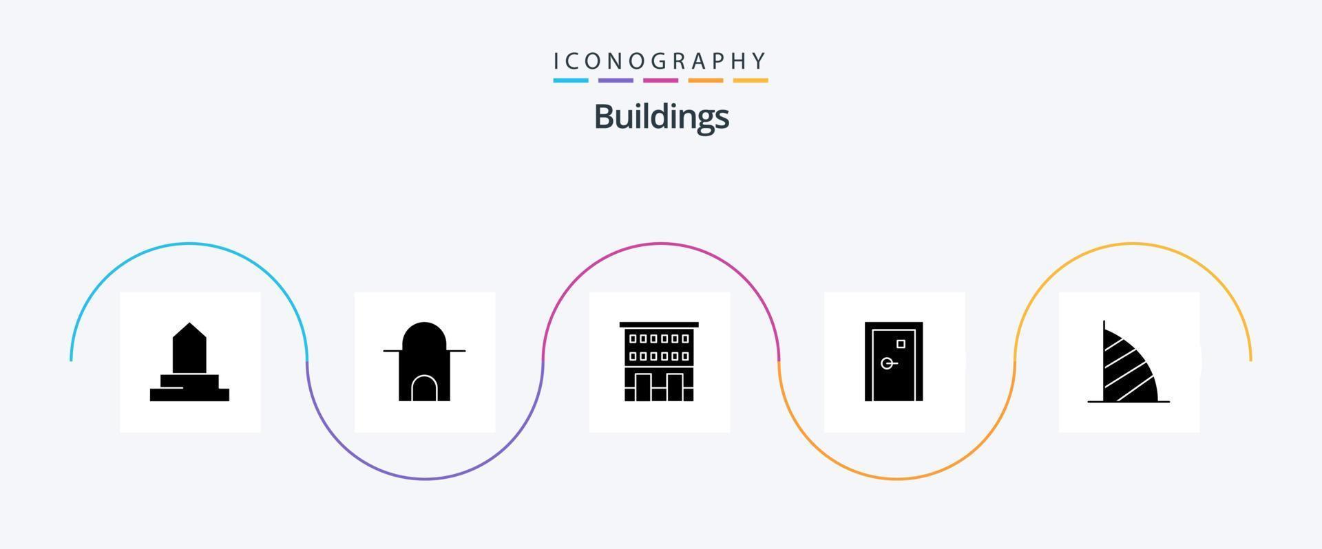 Buildings Glyph 5 Icon Pack Including uae monument. dubai. shops. burj al arab. exit vector