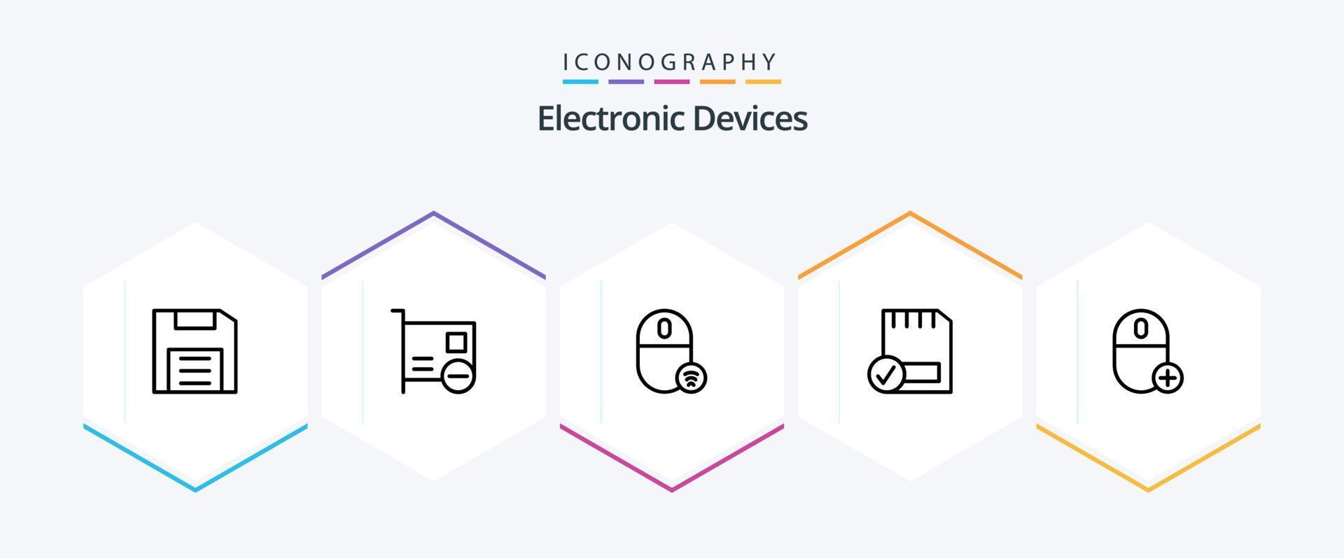 Devices 25 Line icon pack including connected. card. hardware. mouse. gadget vector