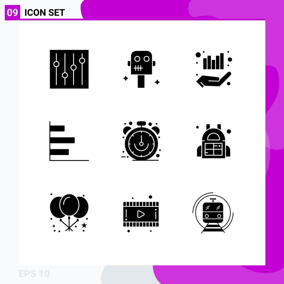 Modern Set of 9 Solid Glyphs and symbols such as sale ecommerce graph clock horizontal Editable Vector Design Elements
