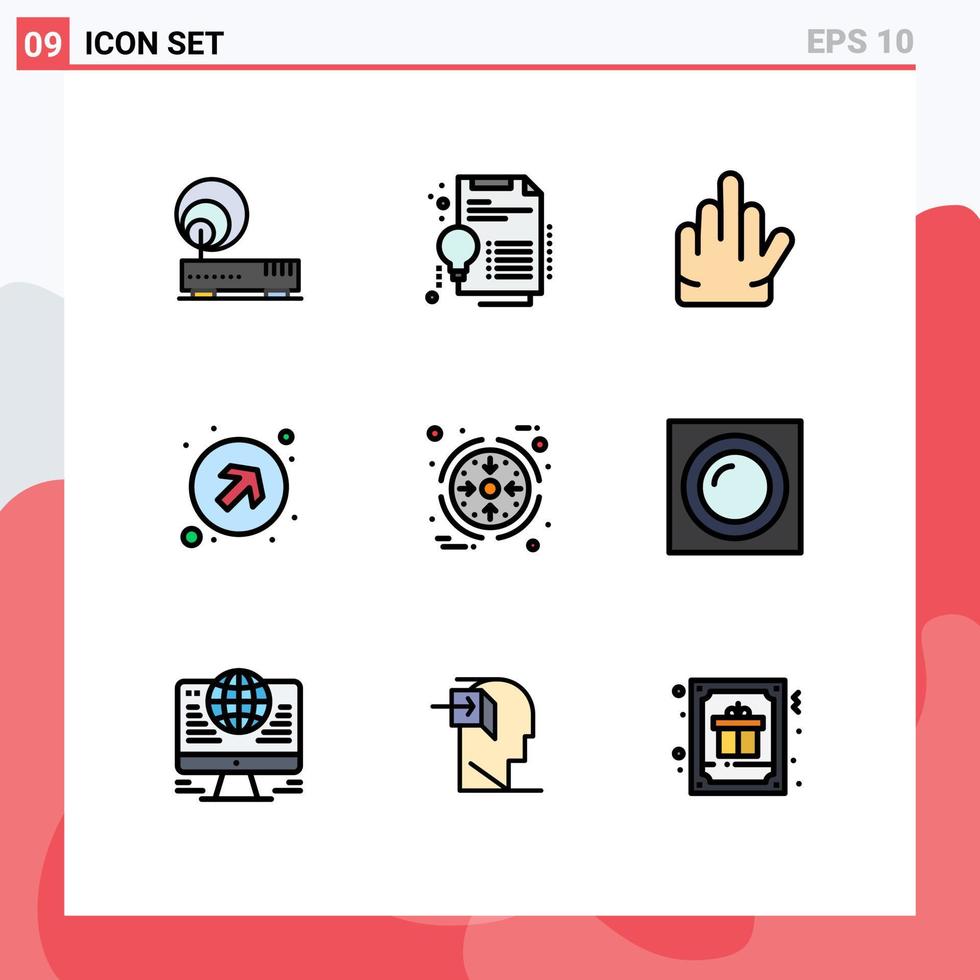 conjunto de colores planos de línea de relleno de interfaz móvil de 9 pictogramas de procesamiento de gestos comerciales flechas hacia arriba elementos de diseño vectorial editables vector
