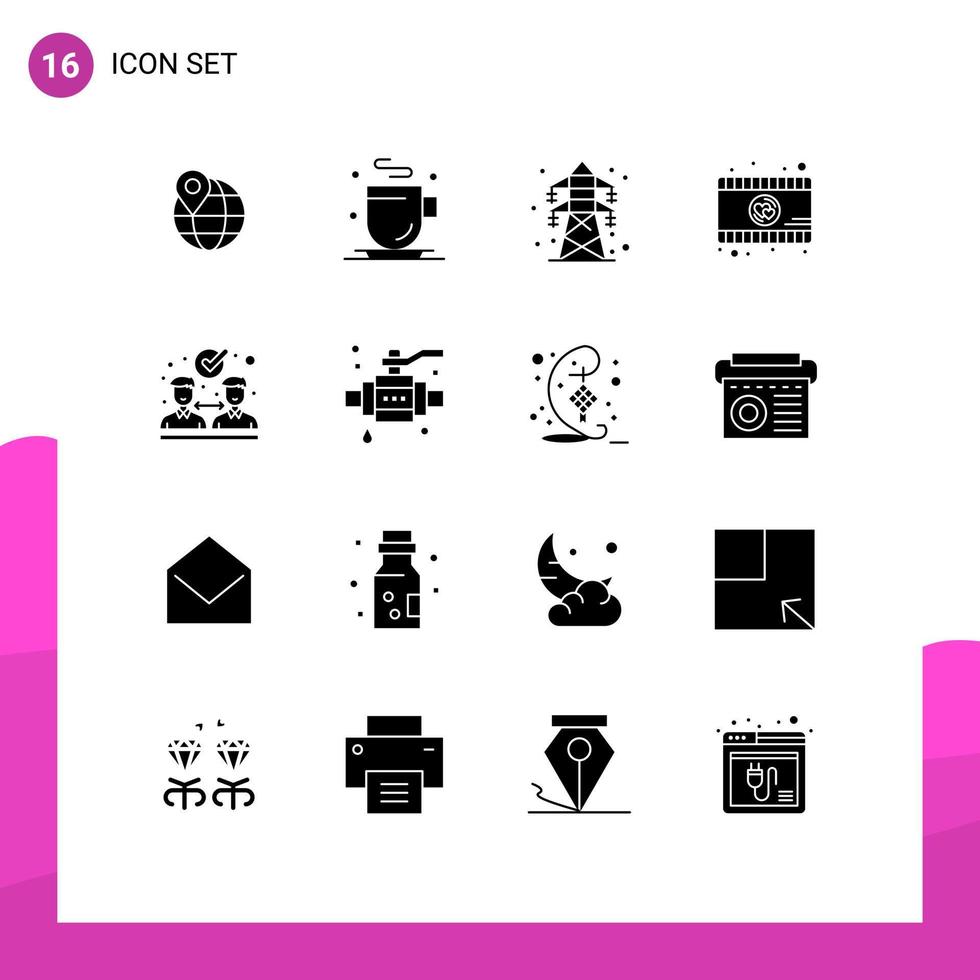 Pack of 16 creative Solid Glyphs of buildings collaboration energy agreement video Editable Vector Design Elements