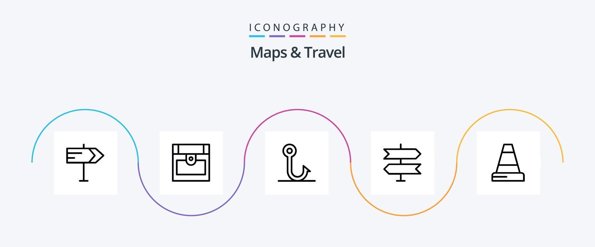 mapas y paquete de iconos de la línea de viaje 5 que incluye. gancho. tráfico. cono vector