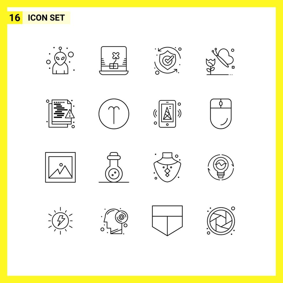 Mobile Interface Outline Set of 16 Pictograms of protection hacker security file flower Editable Vector Design Elements