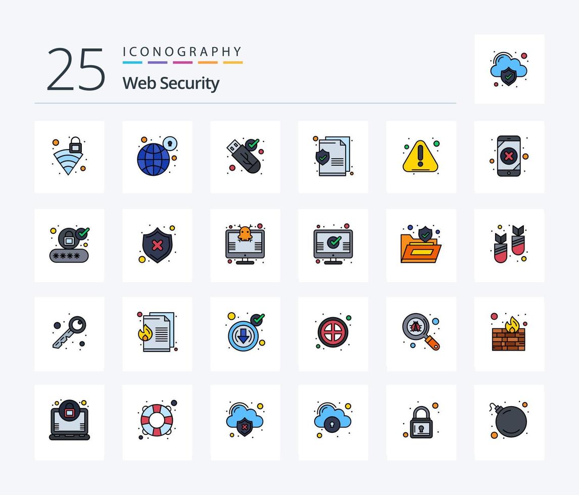 Web Security 25 Line Filled icon pack including error. text. security. security. usb vector