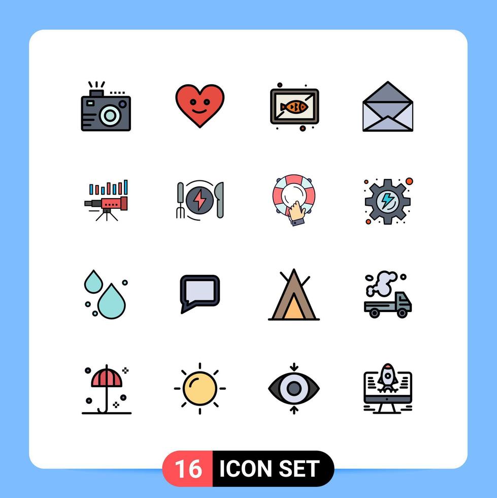Pack of 16 Modern Flat Color Filled Lines Signs and Symbols for Web Print Media such as business open fish mail cook Editable Creative Vector Design Elements