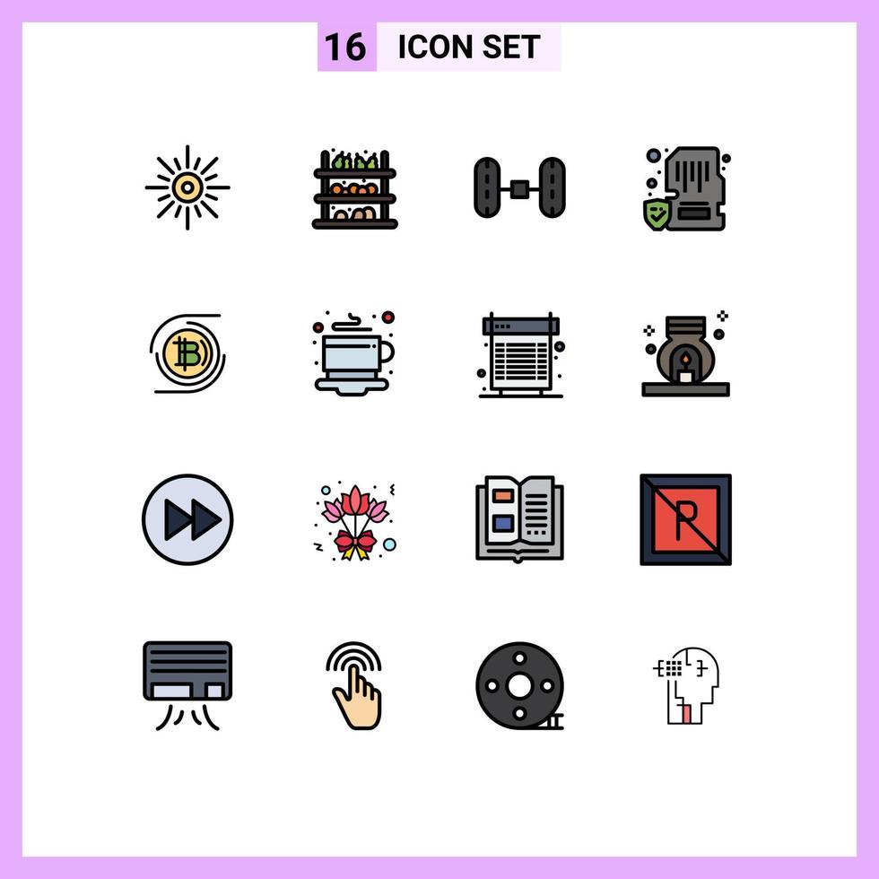 Mobile Interface Flat Color Filled Line Set of 16 Pictograms of s memory fruit lock card Editable Creative Vector Design Elements