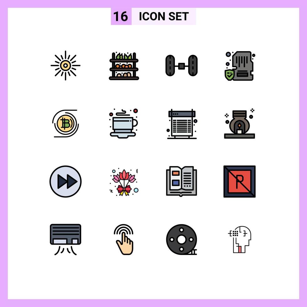 interfaz móvil conjunto de línea llena de color plano de 16 pictogramas de s tarjeta de bloqueo de fruta de memoria elementos de diseño de vector creativo editable