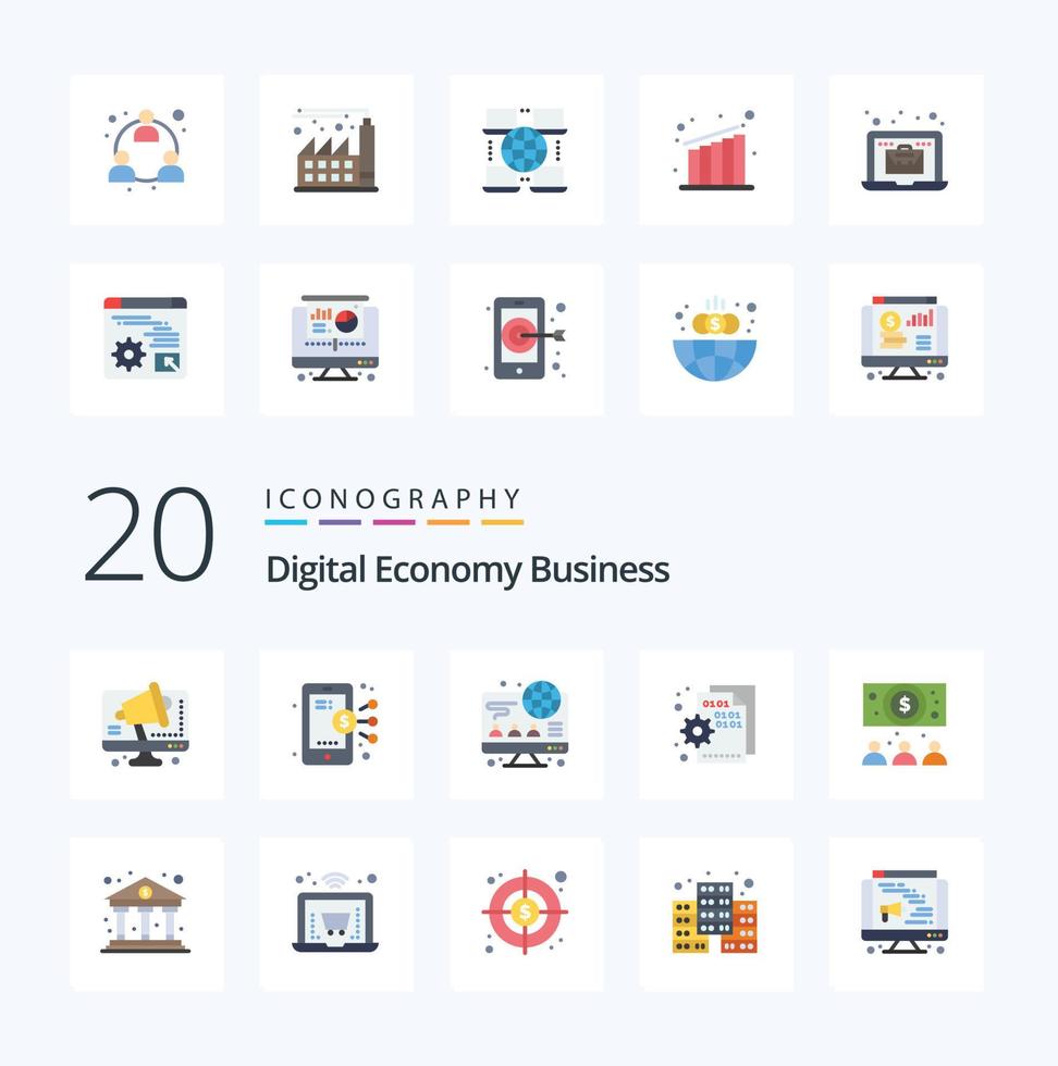 20 Digital Economy Business Flat Color icon Pack like dollar setting computer page codding vector