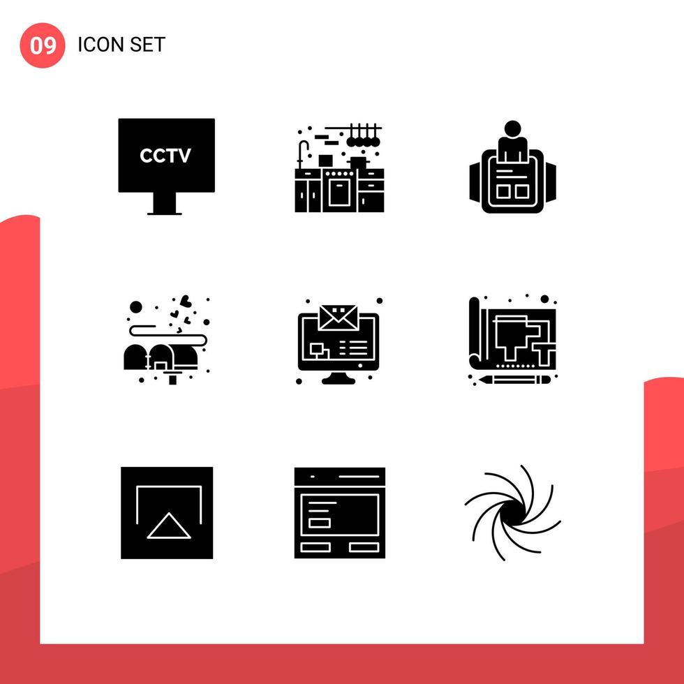 Modern Set of 9 Solid Glyphs and symbols such as message mail hand watch love box Editable Vector Design Elements