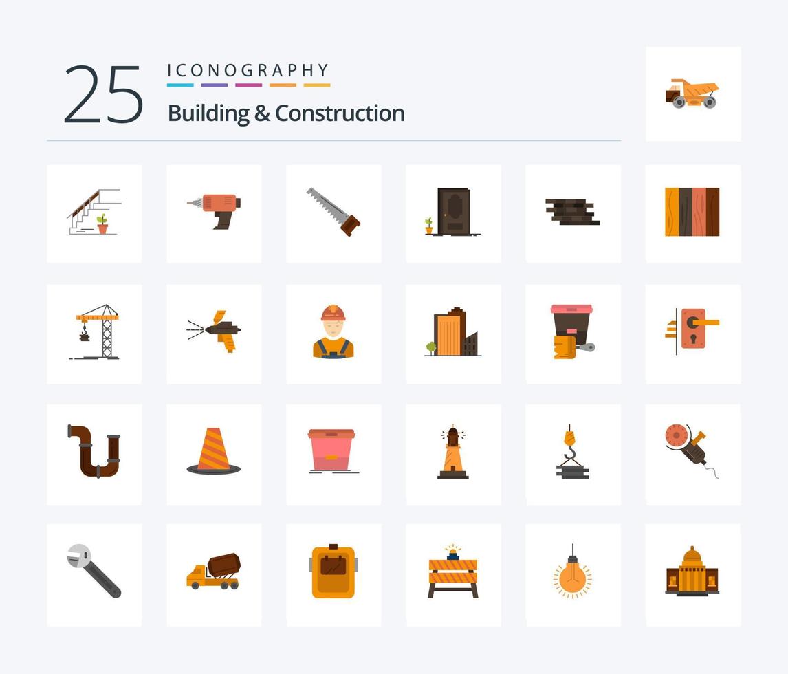 paquete de iconos de 25 colores planos de construcción y construcción que incluye madera. puerta. sin cable. herramientas. ordenó vector