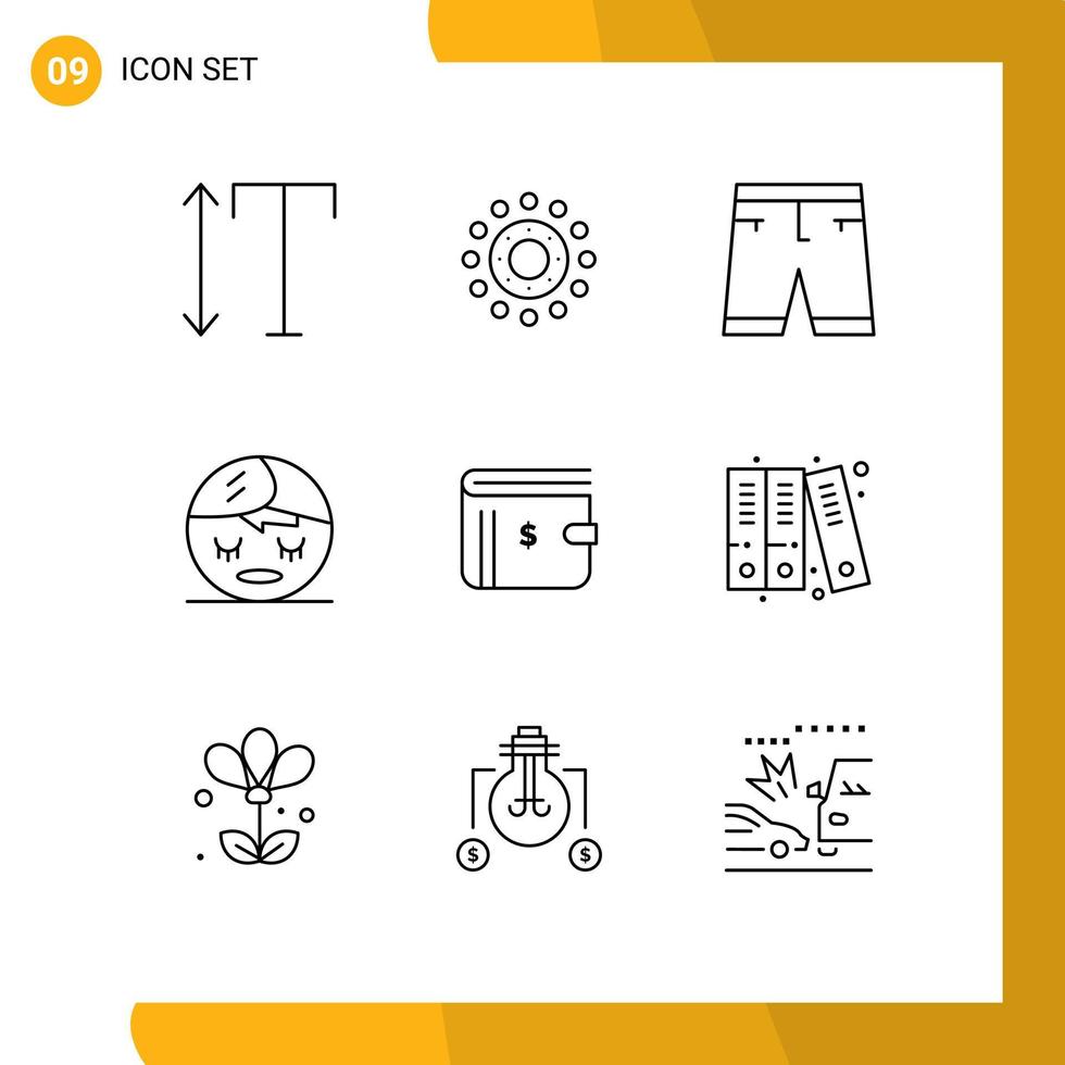 Set of 9 Commercial Outlines pack for dollar wallet clothe element spa Editable Vector Design Elements