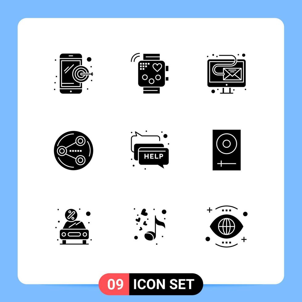 Pack of 9 Modern Solid Glyphs Signs and Symbols for Web Print Media such as communication media digital social share Editable Vector Design Elements