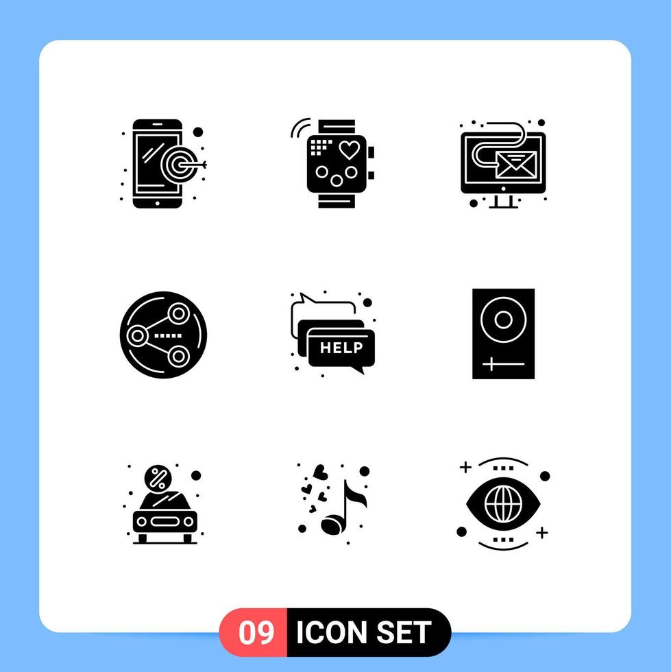 paquete de 9 signos y símbolos de glifos sólidos modernos para medios de impresión web, como elementos de diseño de vectores editables para compartir en redes sociales digitales