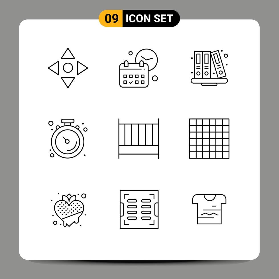 Set of 9 Vector Outlines on Grid for bedroom stopwatch back to school muscle clock Editable Vector Design Elements