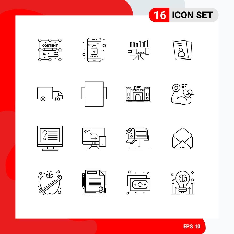 16 Thematic Vector Outlines and Editable Symbols of id card id telescope vision market Editable Vector Design Elements