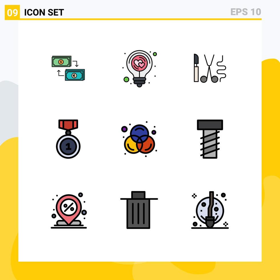Group of 9 Filledline Flat Colors Signs and Symbols for badges medical energy tools instruments Editable Vector Design Elements