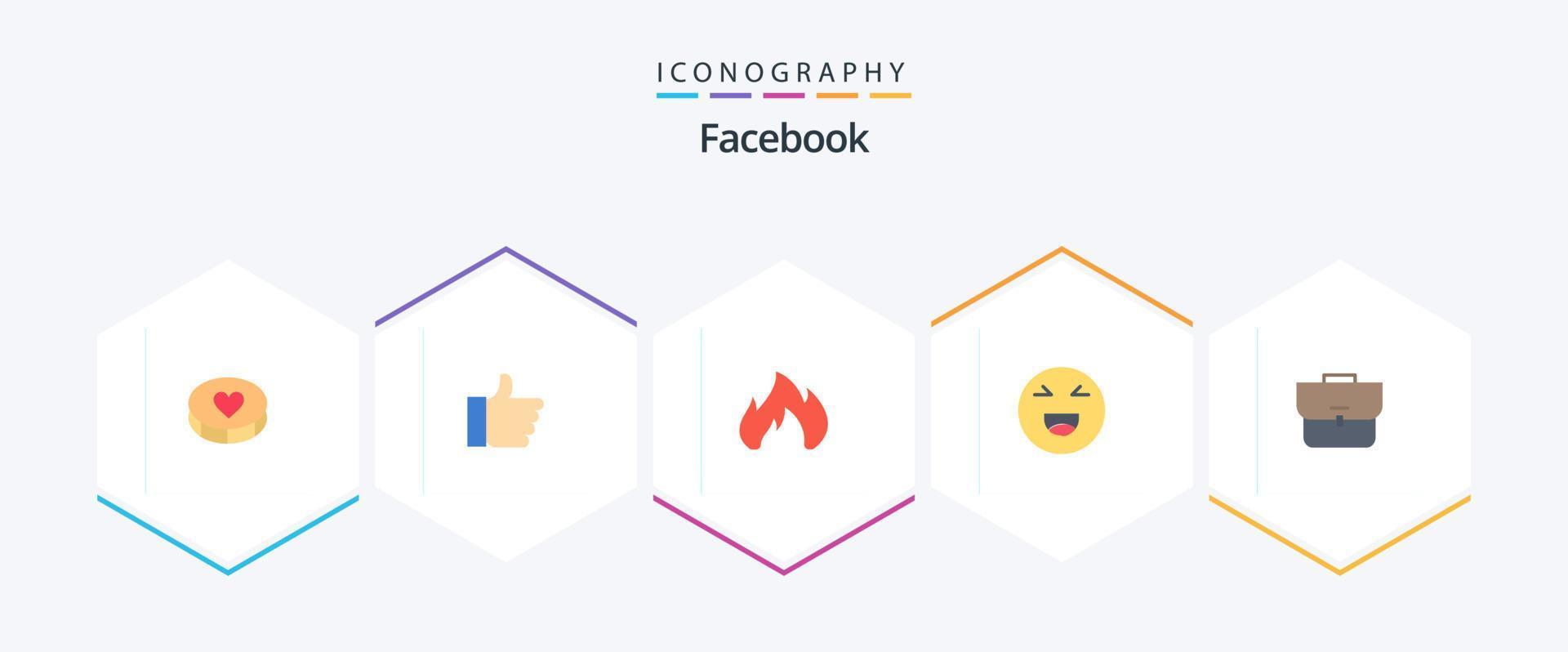 Facebook 25 Flat icon pack including case. happy. fire. smile . chat vector