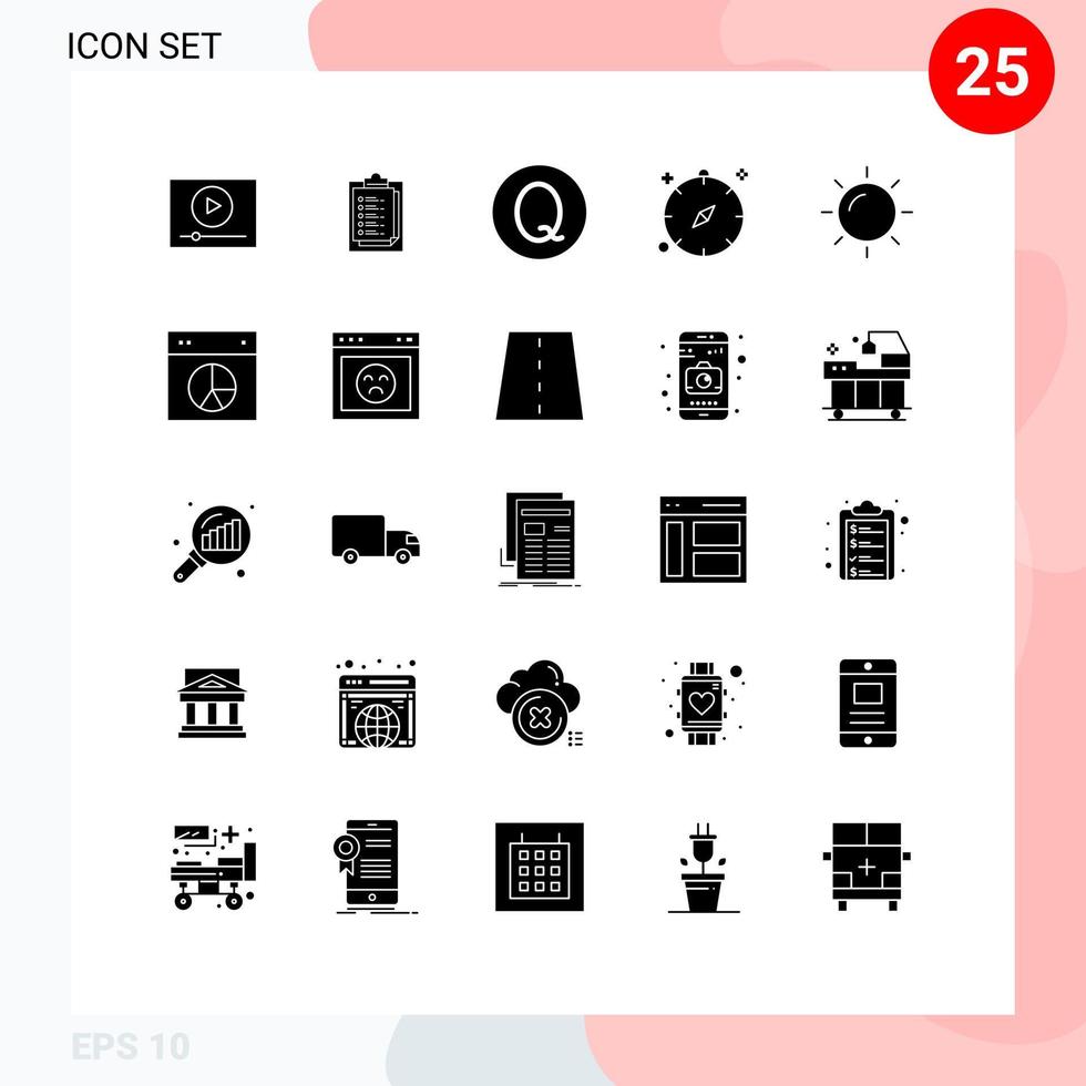Mobile Interface Solid Glyph Set of 25 Pictograms of rise summer quetzal navigation direction Editable Vector Design Elements