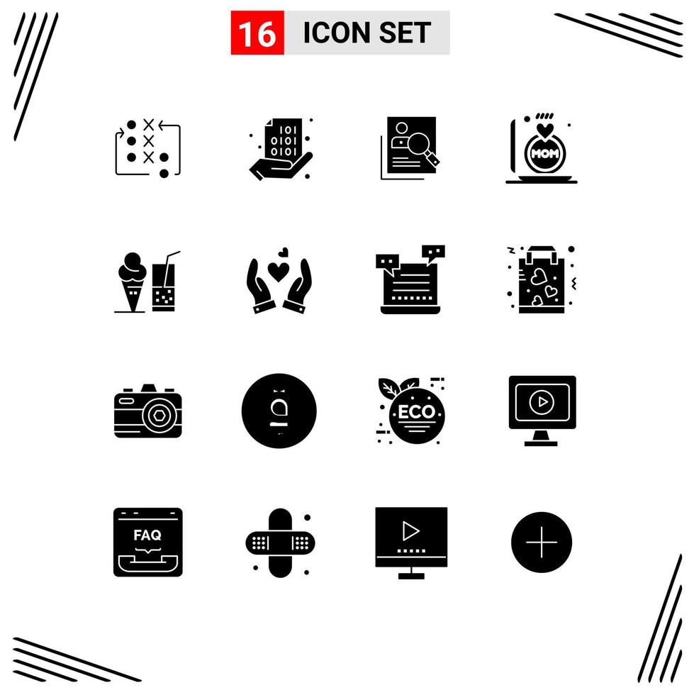 Mobile Interface Solid Glyph Set of 16 Pictograms of search resources hand personal human Editable Vector Design Elements