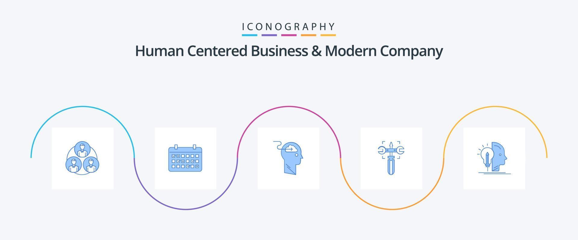 Human Centered Business And Modern Company Blue 5 Icon Pack Including screw. gear. time. setting. upload vector