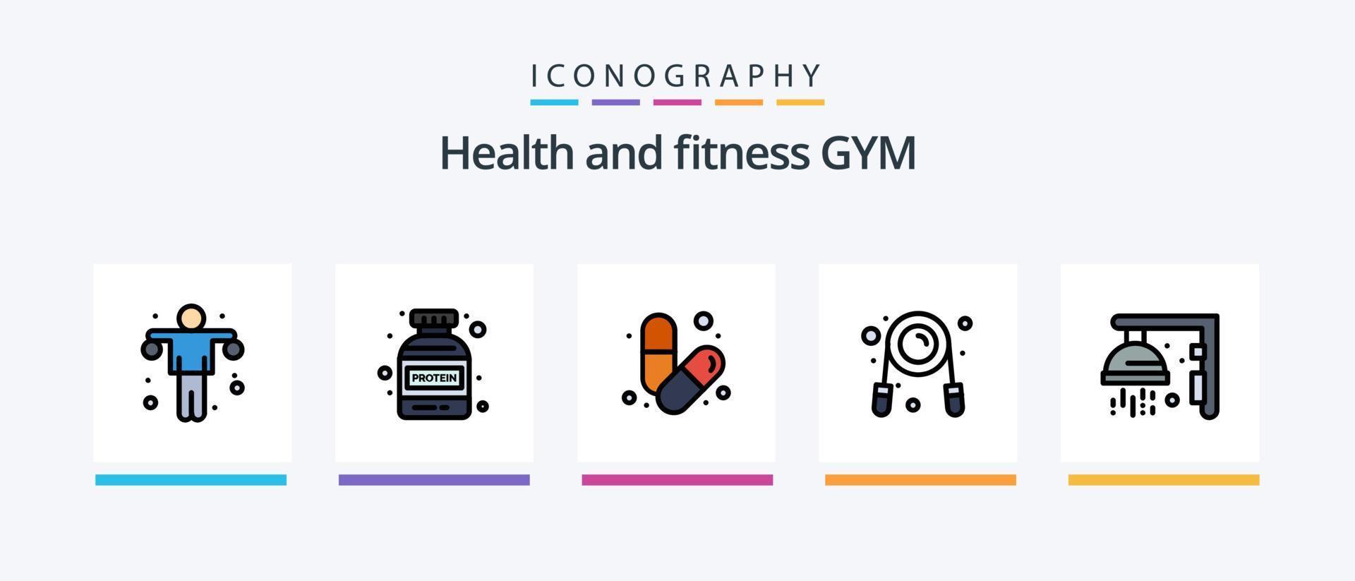 Gym Line Filled 5 Icon Pack Including cycle. bicycle. gym. pills. health. Creative Icons Design vector