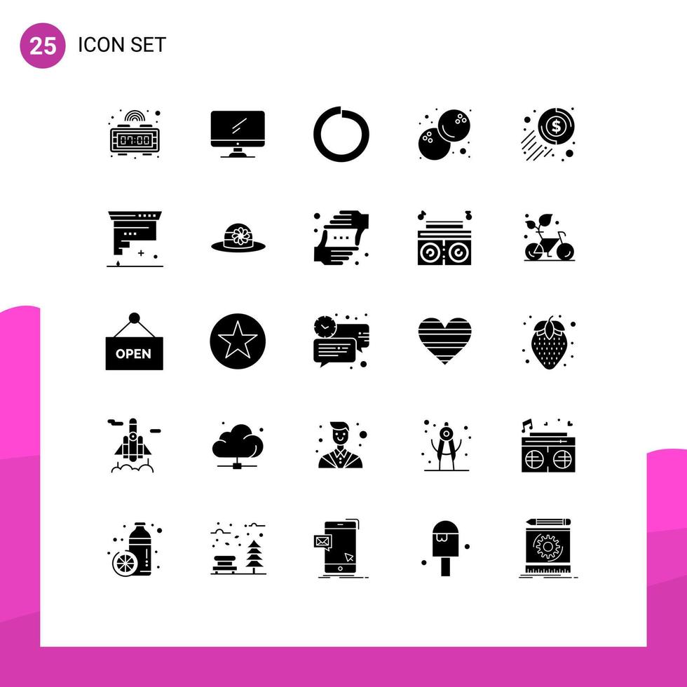 User Interface Pack of 25 Basic Solid Glyphs of coin dollar bolt cash food Editable Vector Design Elements