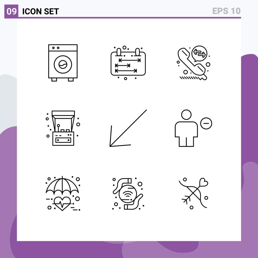 Pictogram Set of 9 Simple Outlines of down play schedule game arcade machine Editable Vector Design Elements