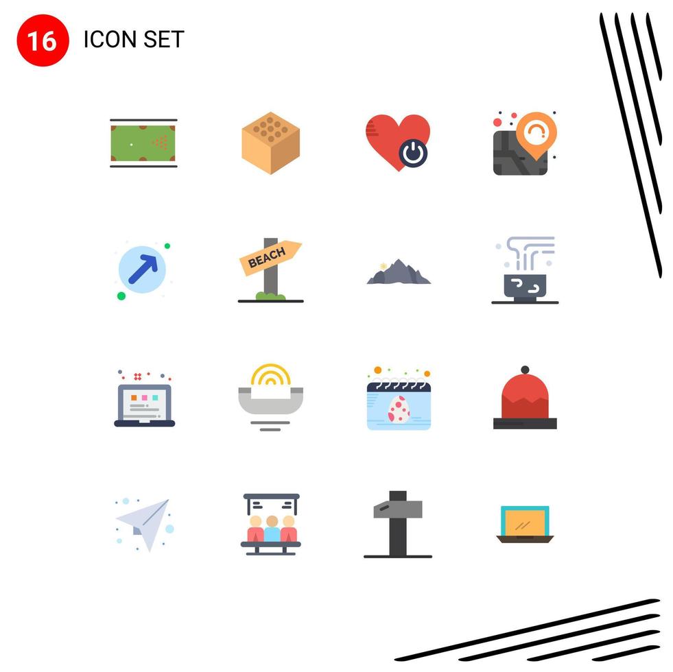 Mobile Interface Flat Color Set of 16 Pictograms of pointer arrow off pin location Editable Pack of Creative Vector Design Elements