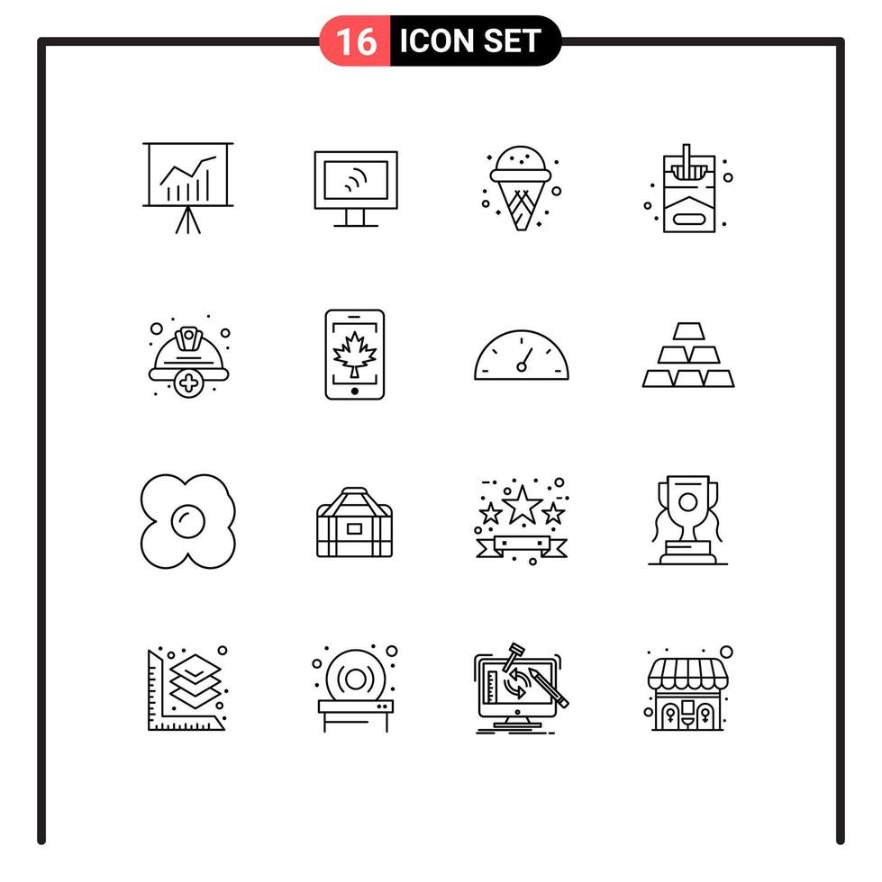 16 iconos creativos, signos y símbolos modernos de mano de obra, gorra de helado duro, manía, elementos de diseño vectorial editables vector