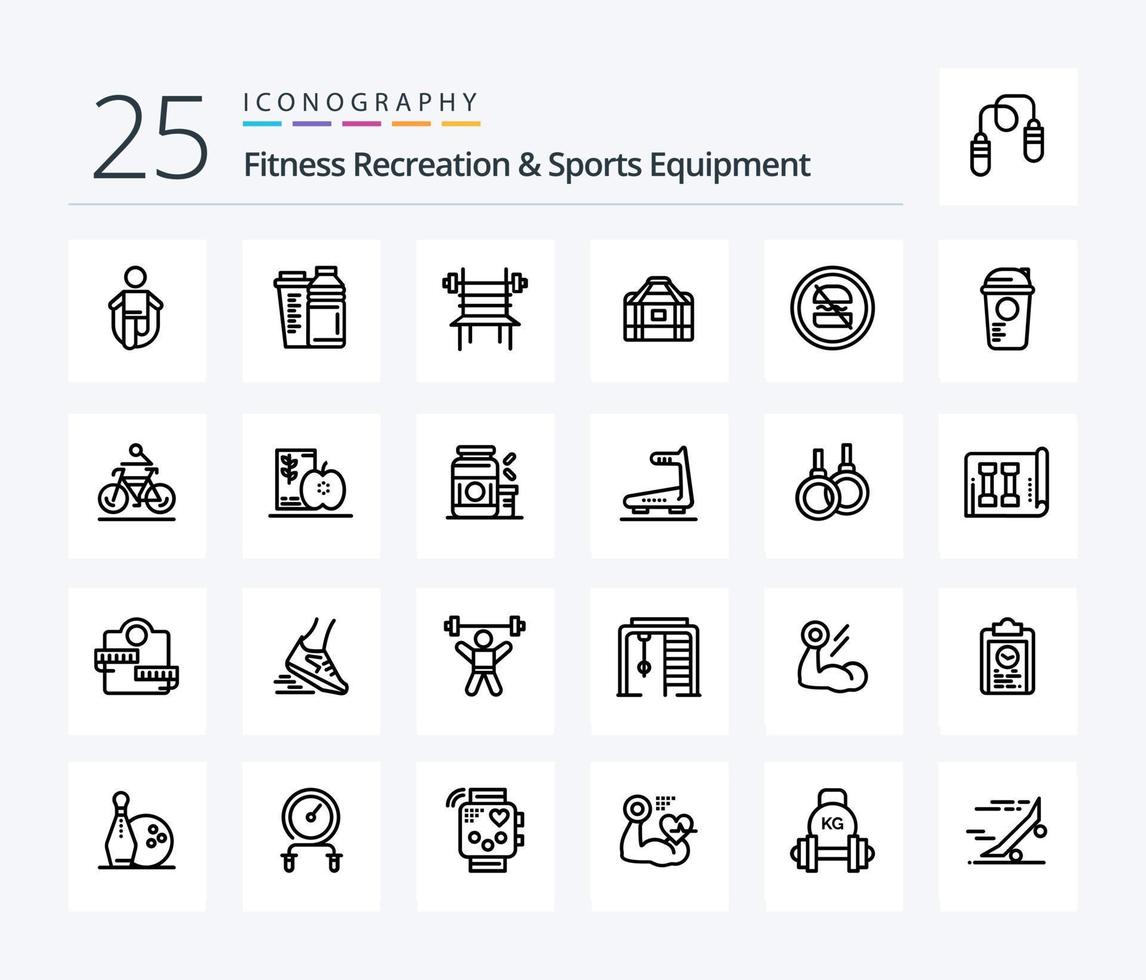 paquete de iconos de 25 líneas de equipos deportivos y recreativos que incluye gimnasio. bolsa. criba vibradora. máquina. aptitud física vector