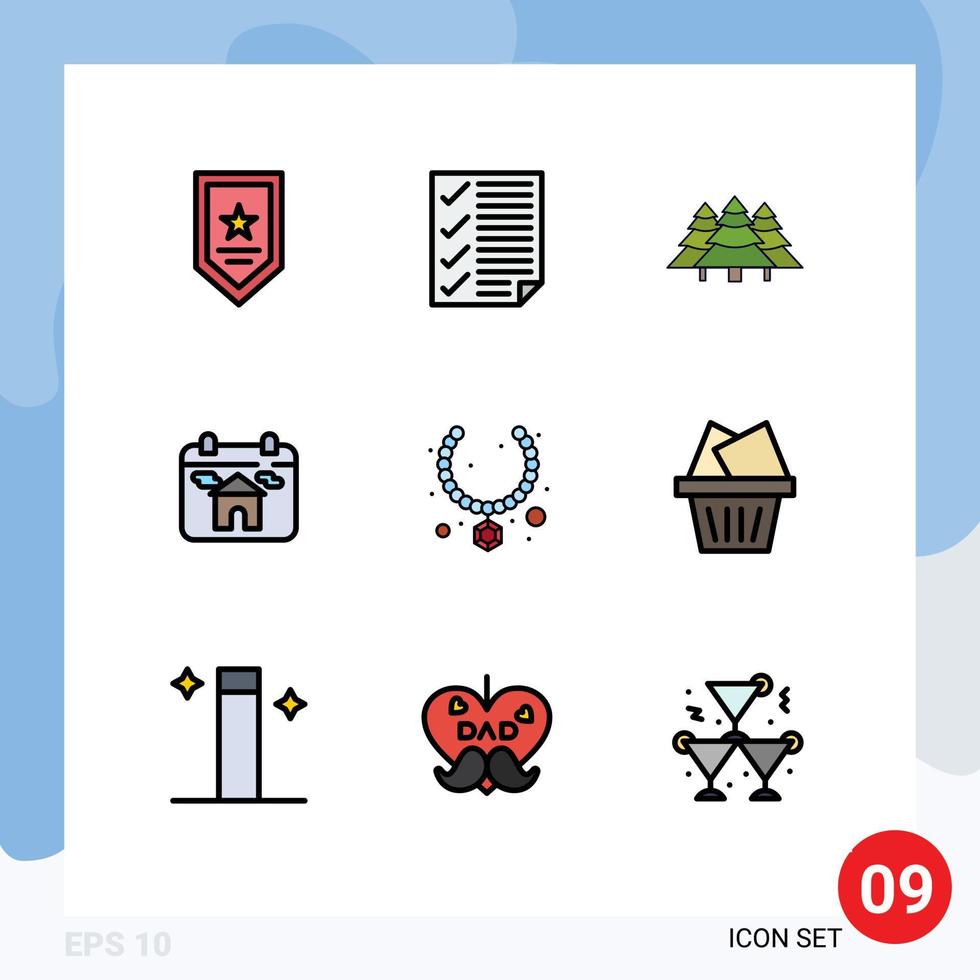 Editable Vector Line Pack of 9 Simple Filledline Flat Colors of house real estate report calendar tree Editable Vector Design Elements