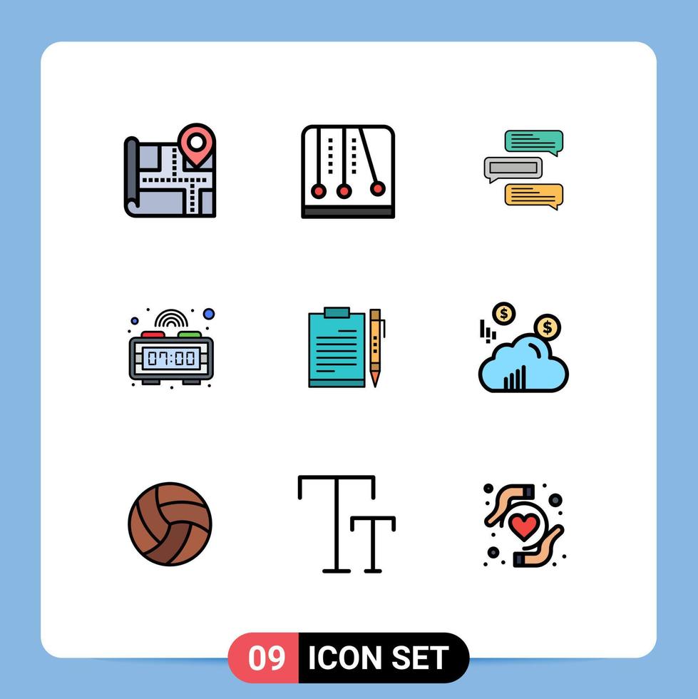 grupo de 9 signos y símbolos de colores planos de línea rellena para elementos de diseño de vectores editables de alarma de tiempo de burbujas de documento de portapapeles