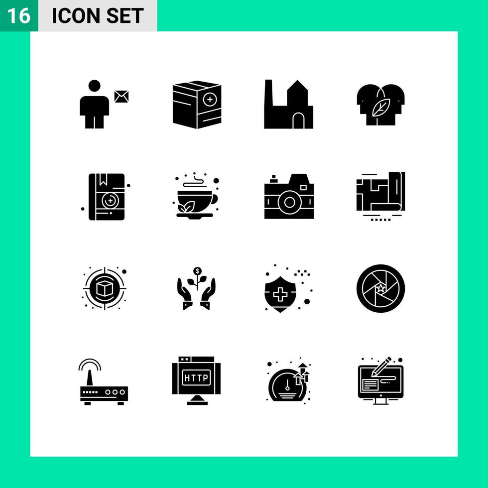 Solid Glyph Pack of 16 Universal Symbols of mind eco mind e eco industrial plant Editable Vector Design Elements