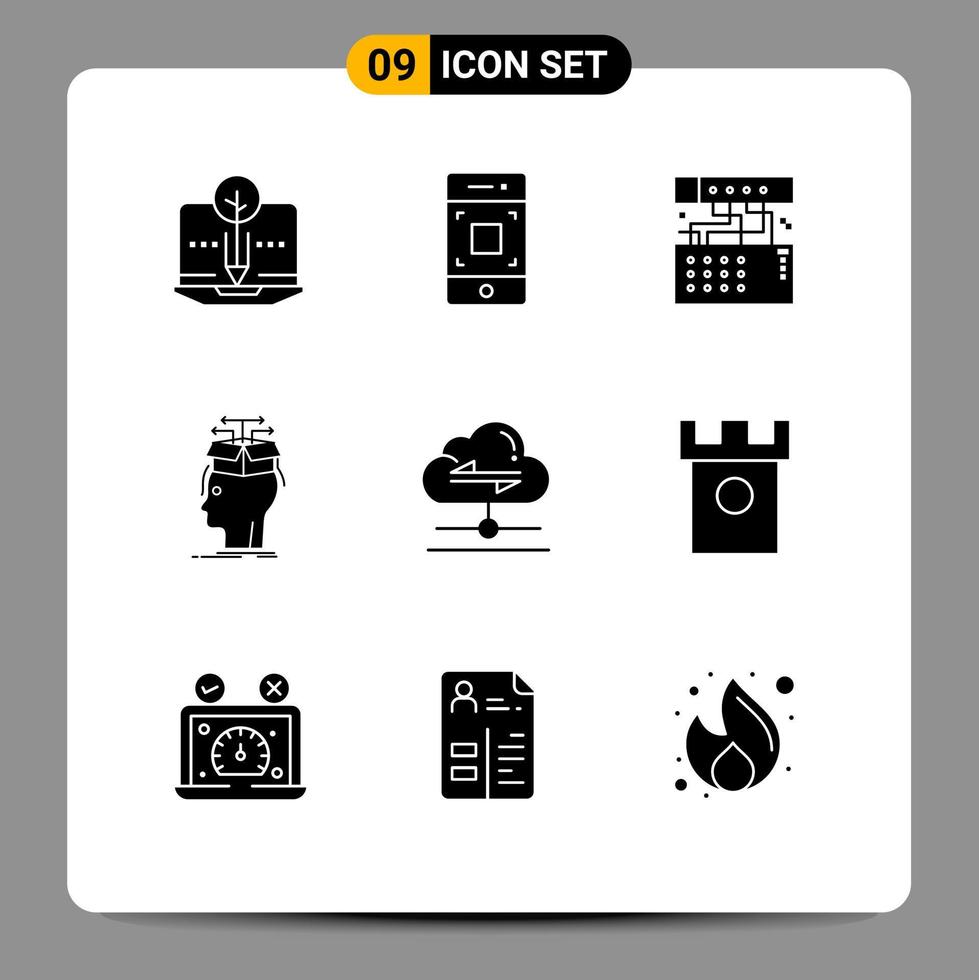 Pack of 9 Modern Solid Glyphs Signs and Symbols for Web Print Media such as sharing head analog extraction sound Editable Vector Design Elements