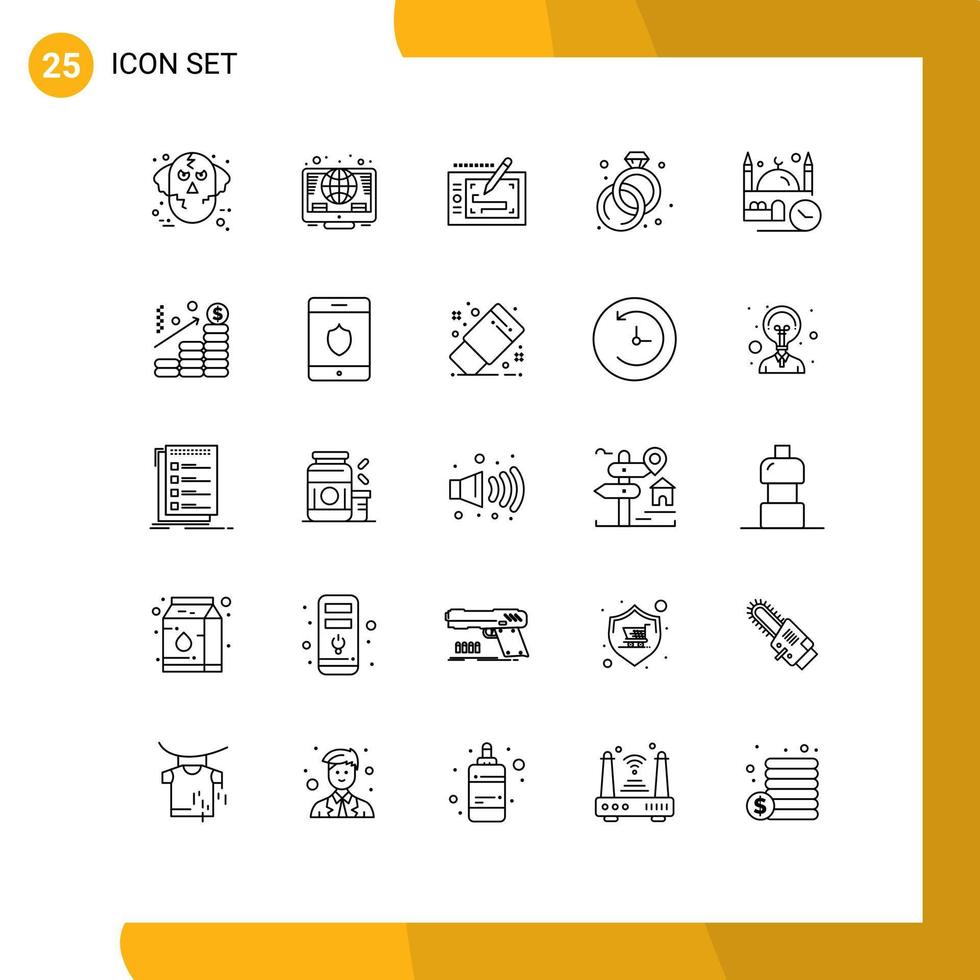 Pictogram Set of 25 Simple Lines of mosque ring coins jewelry layout Editable Vector Design Elements