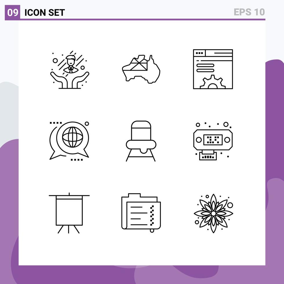 Modern Set of 9 Outlines Pictograph of chair message server global discussion Editable Vector Design Elements