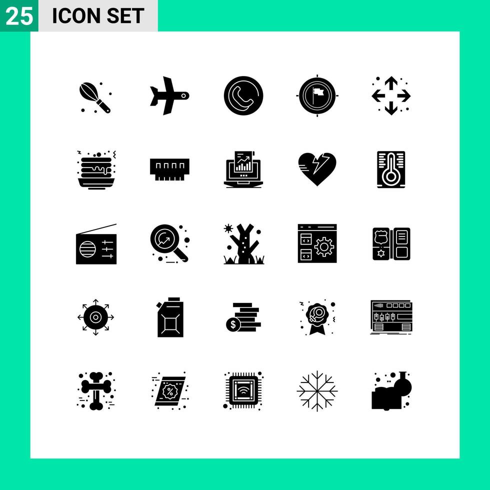 Set of 25 Vector Solid Glyphs on Grid for maximize enlarge phone focus deadline Editable Vector Design Elements