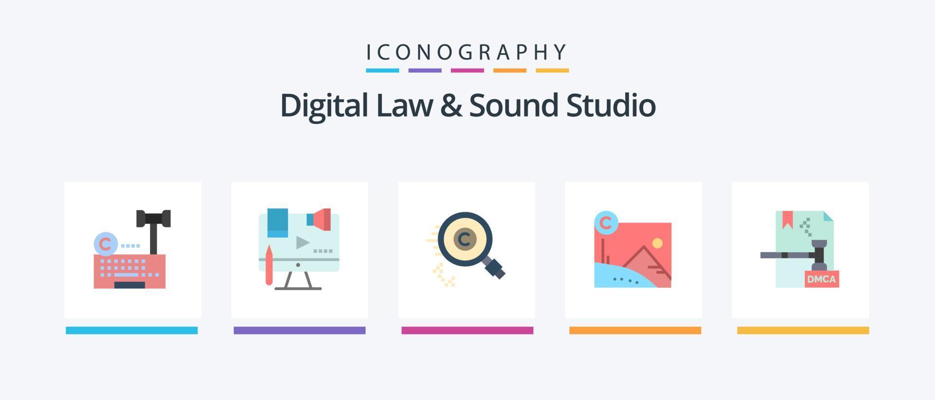 Digital Law And Sound Studio Flat 5 Icon Pack Including copyright. artwork. digital. property. find. Creative Icons Design vector