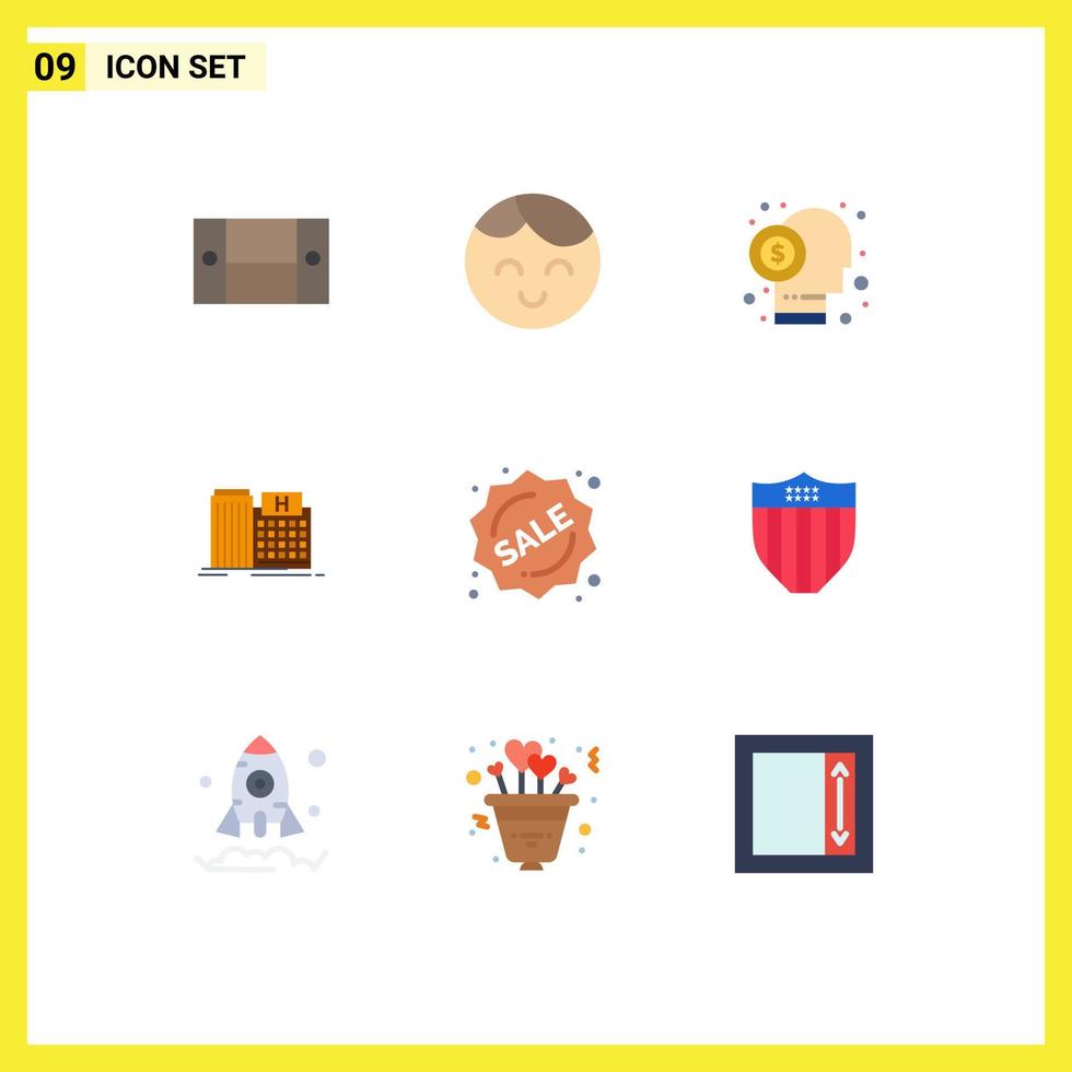 Flat Color Pack of 9 Universal Symbols of badge building capitalist medical hospital Editable Vector Design Elements