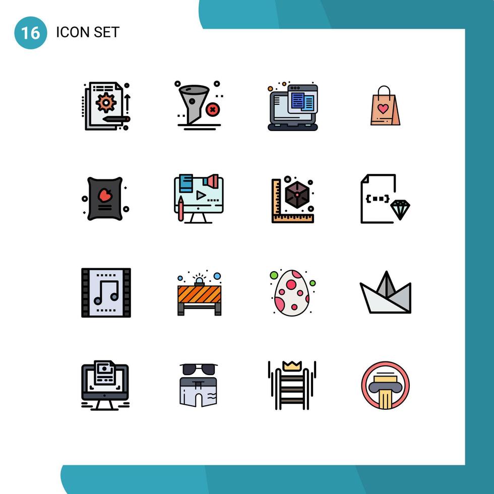 Flat Color Filled Line Pack of 16 Universal Symbols of bag love remove shopping web hosting Editable Creative Vector Design Elements