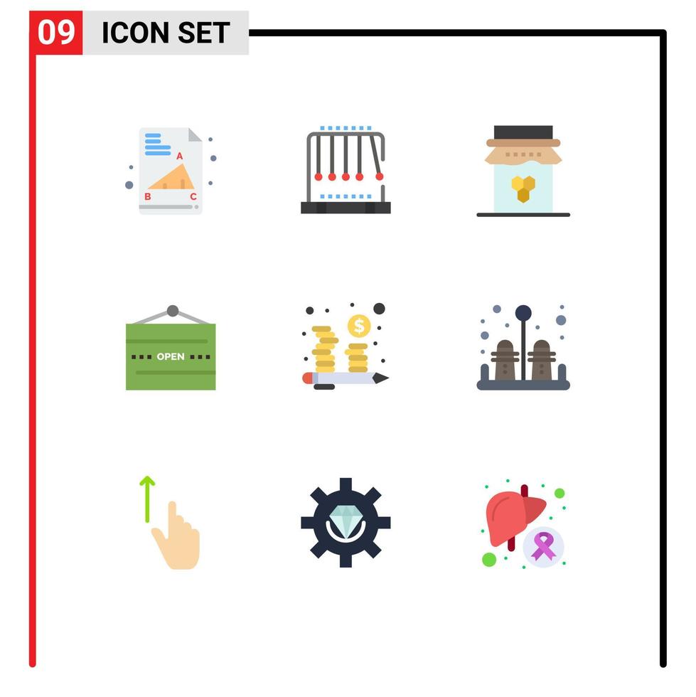 conjunto moderno de 9 colores planos y símbolos tales como elementos de diseño vectorial editables y abiertos de miel de restaurante económico vector