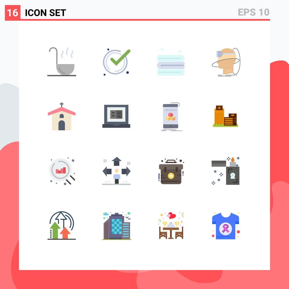 Paquete de 16 colores planos de interfaz de usuario de signos y símbolos modernos de celebración vr limpieza paquete editable de realidad virtual de elementos creativos de diseño de vectores