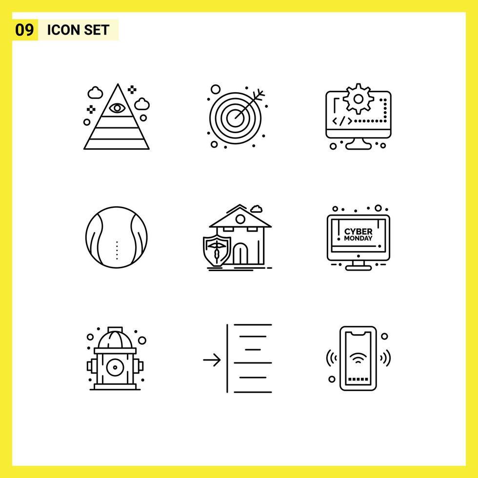 Editable Vector Line Pack of 9 Simple Outlines of house insurance coding game tennis Editable Vector Design Elements