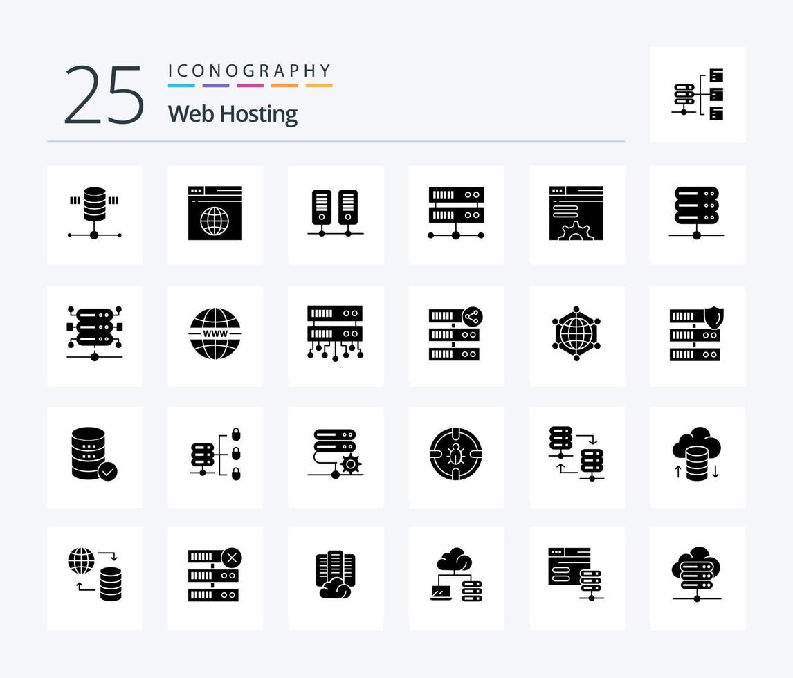 Web Hosting 25 Solid Glyph icon pack including hosting center. data center . server . data vector
