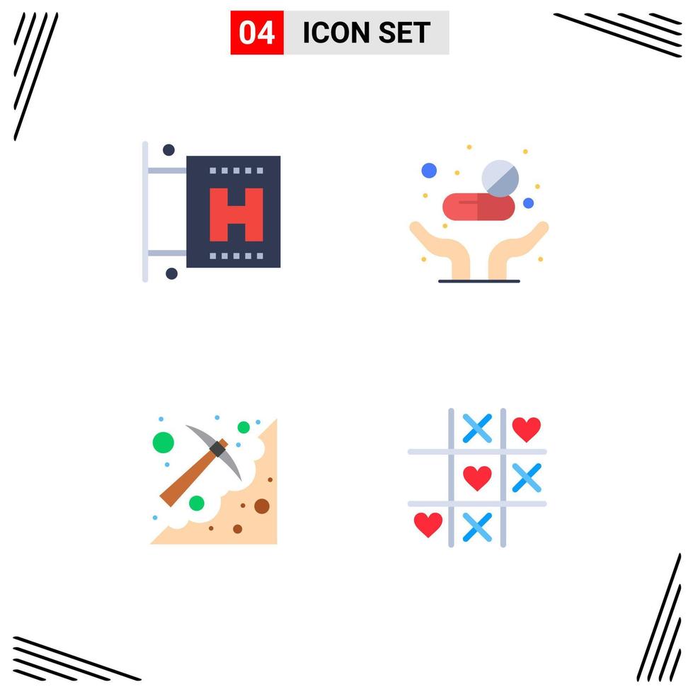 Set of 4 Commercial Flat Icons pack for hotel sign mining medicine care pickaxe Editable Vector Design Elements