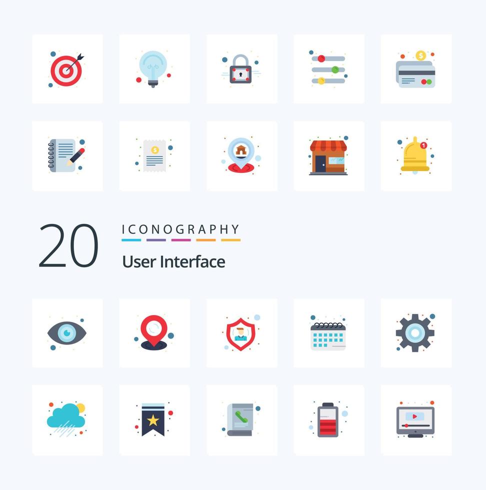 20 User Interface Flat Color icon Pack like rainy settings protect gear schedule vector