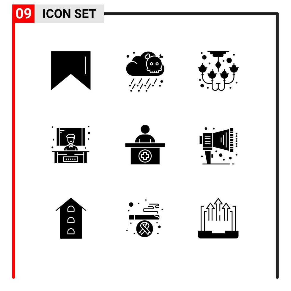 grupo de 9 signos y símbolos de glifos sólidos para citas médicas de megáfono decoran elementos de diseño de vectores editables del hospital recepcionista