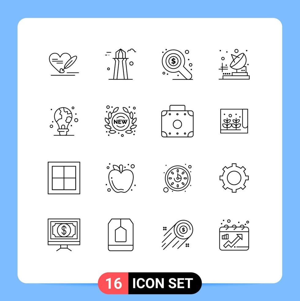 Set of 16 Vector Outlines on Grid for light bulb green market protection telecommunication Editable Vector Design Elements