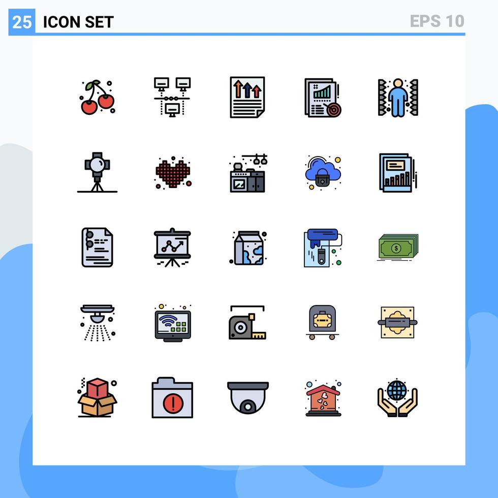 paquete de 25 signos y símbolos modernos de colores planos de línea rellena para medios de impresión web, como flechas de informes de desafío, métricas, informes de elementos de diseño de vectores editables